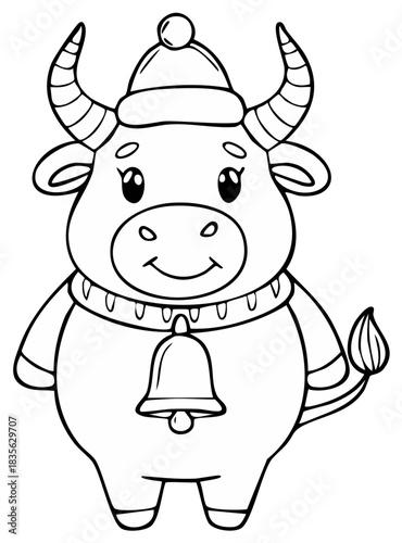 Cartoon bull with hat and bell smiling, outline illustration