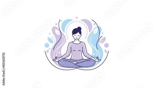 Woman meditating in the lotus position. Line art illustration for mental health, balance, and wellness. Yoga and mindfulness concept vector graphic.