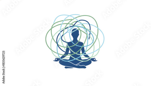 Visual illustration of mental health and balance. A person meditating to find calm amidst chaotic thoughts and stress. Conceptual vector graphic for wellness and psychology.