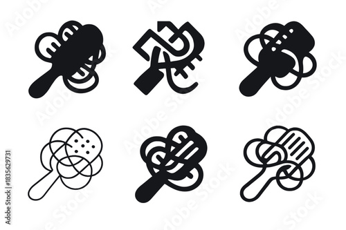 Tangled Hair Logos. Tangled hair. Icon set. Set Logo of tangled hair: Hairbrush caught in strands. harmonious logo variations of the same emblematic concept,