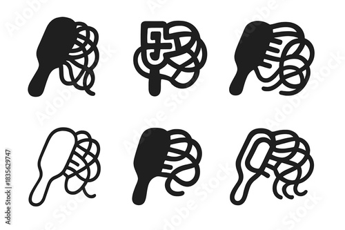 Tangled Hair Logos. Tangled hair. Icon set. Set Logo of tangled hair: Hairbrush caught in strands. harmonious logo variations of the same emblematic concept,