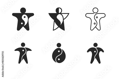 Symmetry Logo Collection. Body symmetry. Icon set. Set Logo of body symmetry: yin-yang body balance. harmonious logo variations of the same emblematic concept,