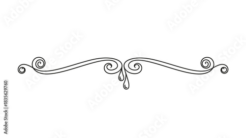 Elegant decorative flourish design with symmetrical swirls and a central droplet element, perfect for embellishment.