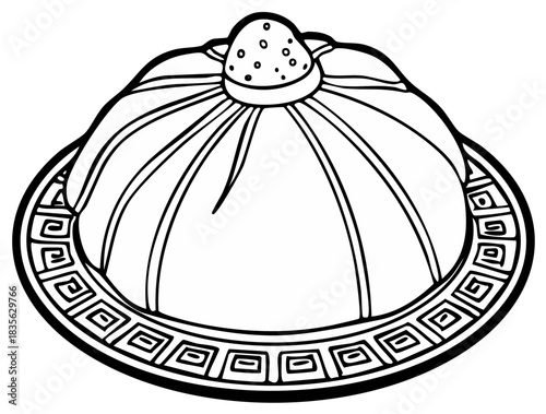 Traditional Asian Hat on Decorative Plate, Black and White Line Art Illustration