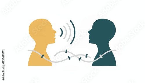 Vector illustration of communication and mental health. Two head silhouettes in dialogue representing therapy and empathy. Minimalist flat design concept