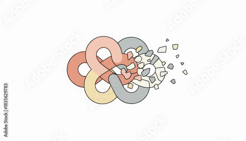 Abstract illustration of an intertwined knot breaking apart. Concept for mental health, relationship breakdown, and fragility. Minimalist flat line art vector design
