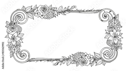 An ornate rectangular frame decorated with swirling floral elements and leaves, rendered in a black and white line art style.