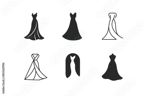 Timeless Elegance Icons. Timeless elegance. Icon set. Set Logo of timeless elegance: elegant flowing dress. harmonious logo variations of the same emblematic
