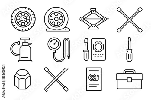 Tire Repair Icons. Tire Repair Set. Line icon set of Tire Repair Set: spare tire, flat tire, jack, wrench, tire inflator, air gauge, patch kit, screwdriver,
