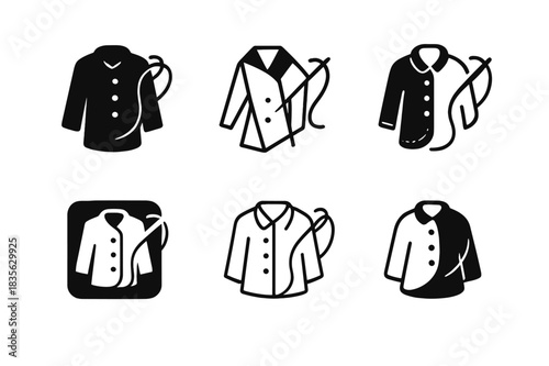 Timeless Fashion Icons. Timeless fashion and slow fashion principles. Icon set. Set Logo of timeless fashion: hand-stitched clothing motif. harmonious logo