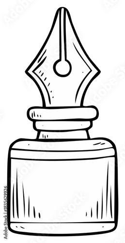 Hand drawn cartoon inkwell with a vintage fountain pen nib for writing and education concepts
