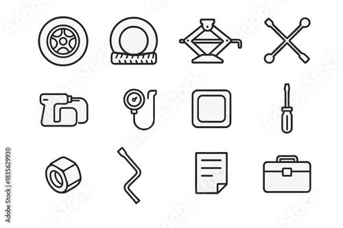 Tire Repair Icons. Tire Repair Set. Line icon set of Tire Repair Set: spare tire, flat tire, jack, wrench, tire inflator, air gauge, patch kit, screwdriver,