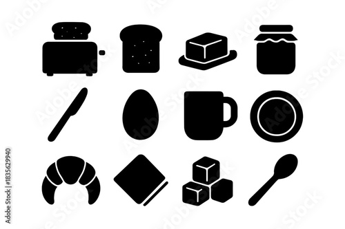 Toaster Breakfast Icons. Toaster breakfast. Solid icon set of toaster breakfast: toaster, toast, butter, jam, knife, egg, coffee mug, plate, croissant, napkin,