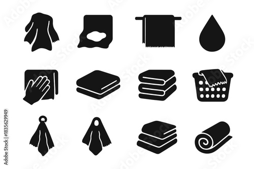 Towel Icons Collection. Used towel. Solid icon set of Used towel: crumpled towel, damp patch, frayed edges, hanging towel, water droplet, hand icon, folded