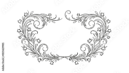 Elegant symmetrical floral design, featuring intricate leaves, delicate flowers, and swirling decorative elements, creating a refined aesthetic.