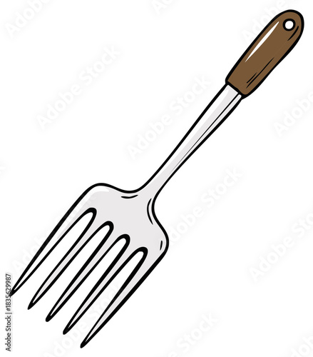 Simple hand drawn illustration of a four pronged kitchen fork with a brown handle