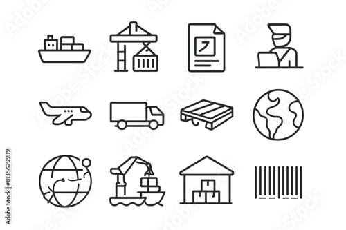 Trade Icons Set. Trade & Export. Line icon set of Trade & Export: cargo ship, container crane, export documents, customs office, airplane cargo, freight truck,