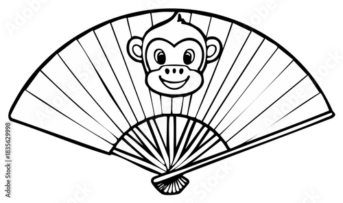 Cartoon Monkey Face on Folding Fan Outline Black and White Illustration