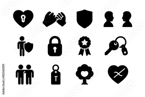 Trust Icon Set. Trust and loyalty. Solid icon set of Trust and loyalty: locked heart, pinky promise, shield, eye contact, standing guard, secrets safe, loyalty
