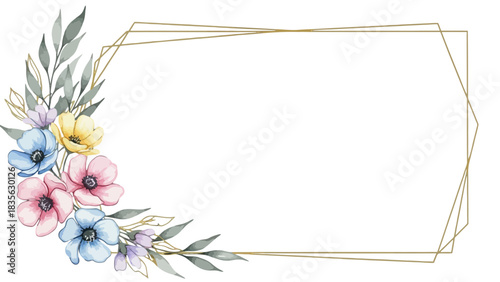 Floral frame with pink, blue, and yellow anemones and leaves, with a geometric gold border.