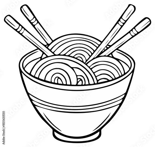 Stylized line art illustration of a comforting bowl of Asian noodles with chopsticks graphic
