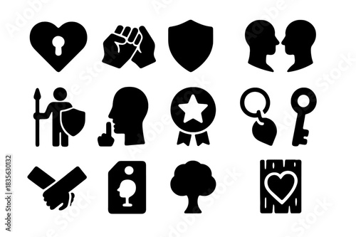 Trust Icon Set. Trust and loyalty. Solid icon set of Trust and loyalty: locked heart, pinky promise, shield, eye contact, standing guard, secrets safe, loyalty
