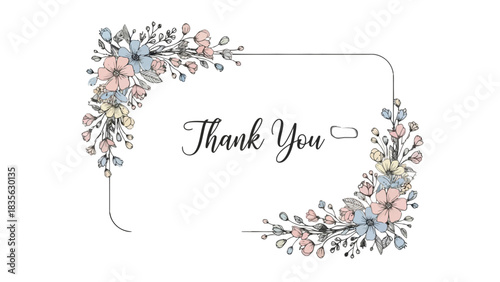 A beautiful 'Thank You' message inside a delicate frame decorated with pastel-colored floral arrangements.