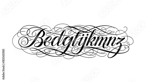 Elegant black and white calligraphy design featuring the word 'Bedglijkmnz' with intricate swirls and flourishes.