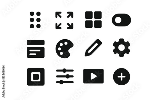 UI Icon Set. UI customization. Solid icon set of UI customization: drag icon, resize arrows, layout grid, toggle, dropdown menu, color palette, pencil edit,