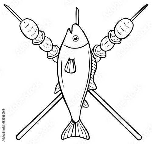 Grilled fish on a skewer with crossed vegetable kebabs black and white line art illustration