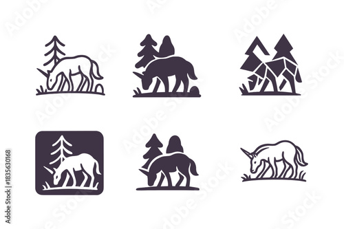 Unicorn Logo Variations. A unicorn grazing in a magical forest. Icon set. Set Logo of unicorn. harmonious logo variations of the same emblematic concept