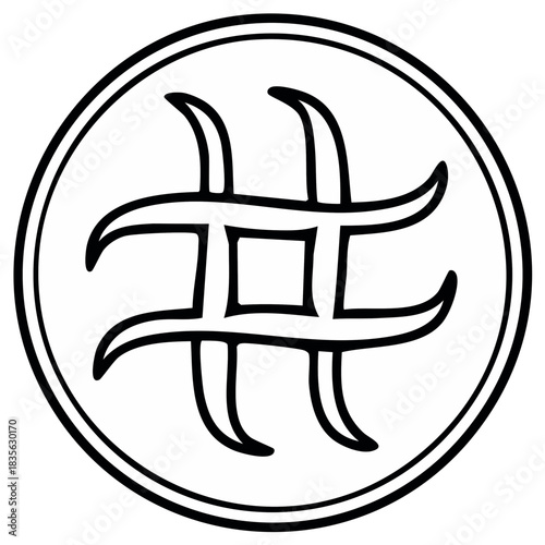 Abstract organic hashtag symbol with a unique artistic flair enclosed in a decorative double lined circle frame