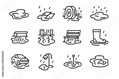 Urban Rain Icons. Urban Rain. Line icon set of Urban Rain: puddle on street, wet pavement, car tire splash, sidewalk puddle, street drain, reflection on road,