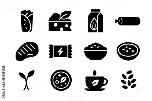 Vegan Food Icons. Vegan food. Solid icon set of vegan food: veggie wrap, vegan cheese, almond milk, meat substitute, seitan, energy bar, rice, hummus, sprouts,