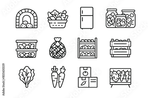 Vegetable Preservation Icons. Vegetable Preservation. Line icon set of Vegetable Preservation: root cellar, basket of vegetables, refrigerator, glass jars,