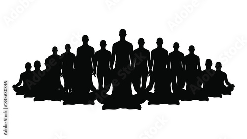 Group meditation and yoga silhouettes isolated on white background, Vector