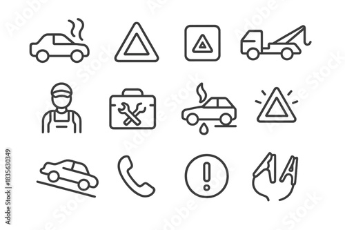 Vehicle Breakdown Icons. Vehicle breakdown. Line icon set of vehicle breakdown: car with smoke, triangle on road, hazard button, tow icon, mechanic symbol,