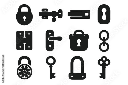 Vintage Lock Icons. Vintage Locks. Solid icon set of Vintage Locks: padlock, latch, bolt, keyhole, hinge, clasp, shackle, door handle, chest lock, chain,