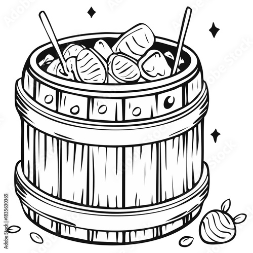 Wooden barrel filled with pickled cucumbers and dill spears with decorative sparkles