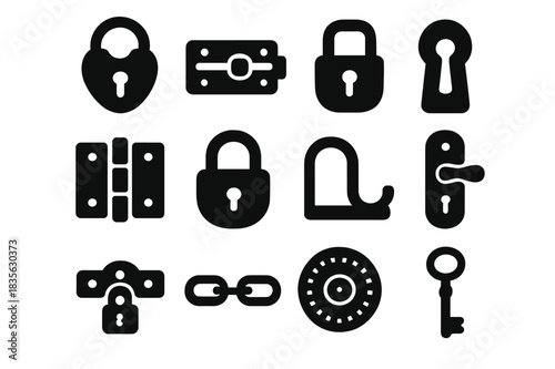 Vintage Lock Icons. Vintage Locks. Solid icon set of Vintage Locks: padlock, latch, bolt, keyhole, hinge, clasp, shackle, door handle, chest lock, chain,