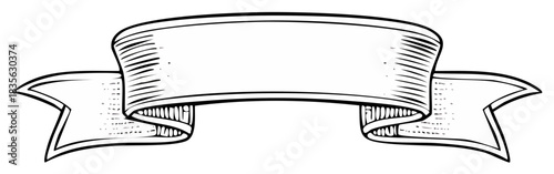 Ornate empty ribbon banner with vintage scratchboard illustration style and copy space