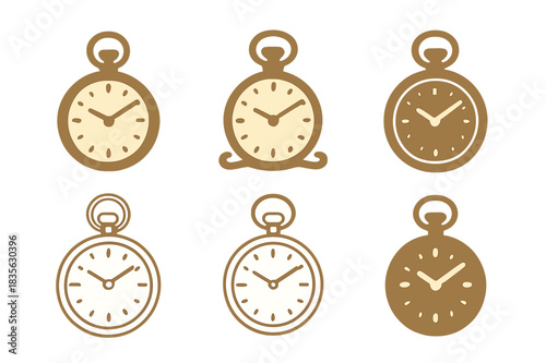 Vintage Logo Array. Vintage magazine. Icon set. Set Logo of vintage magazine: pocket watch. harmonious logo variations of the same emblematic concept (Flat
