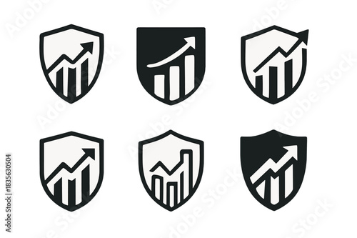 Wealth Management Icons. Wealth Management Office. Icon set. Set Logo of Wealth Management Office: upward financial graph with shield. harmonious