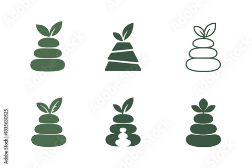 Wellness Tourism Logos Set. Nature-based wellness tourism. Icon set. Set Logo of wellness tourism: spa stones with leaves. harmonious logo variations of the