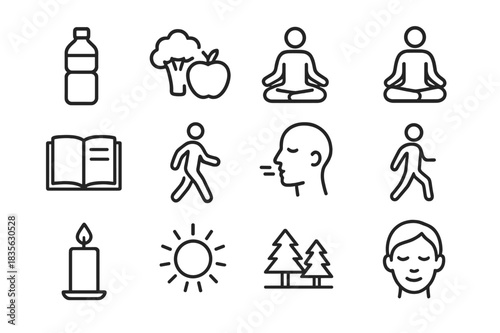 Wellness Icon Set. Wellness Habits. Line icon set of Wellness Habits: water bottle, healthy food, yoga pose, meditation, journal, walking, breathing exercise,