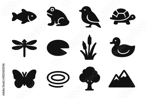 Wildlife Icons Set. Nature and wildlife. Solid icon set of Nature and wildlife: fish, frog, bird, turtle, dragonfly, lily pad, reeds, duck, butterfly, water