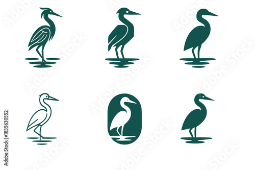 Wetland Logo Variants. Wetlands. Icon set. Set Logo of wetlands: heron standing in water. harmonious logo variations of the same emblematic concept, each with