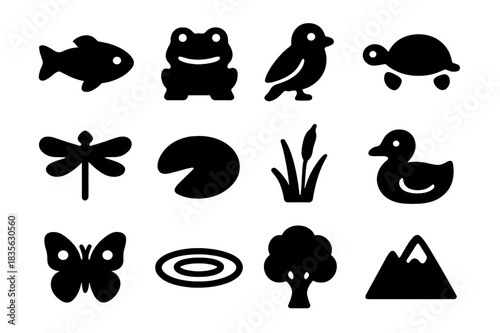 Wildlife Icons Set. Nature and wildlife. Solid icon set of Nature and wildlife: fish, frog, bird, turtle, dragonfly, lily pad, reeds, duck, butterfly, water