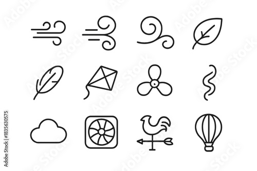 Wind Element Icons. Wind Elements. Line icon set of Wind Elements: gust, breeze, swirling wind, leaf blowing, feather, kite, propeller, smoke trail, cloud,