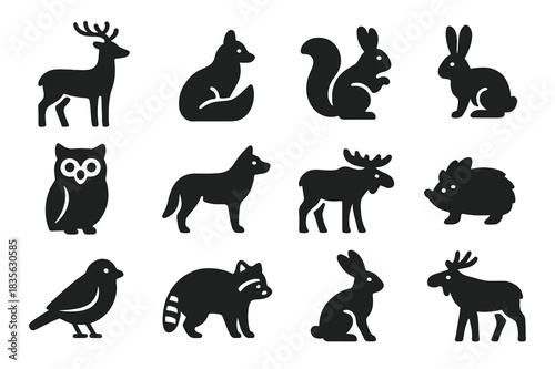 Winter Forest Icons. Forest winter animals. Solid icon set of Forest winter animals: deer, fox, squirrel, rabbit, owl, wolf, moose, hedgehog, bird, raccoon,